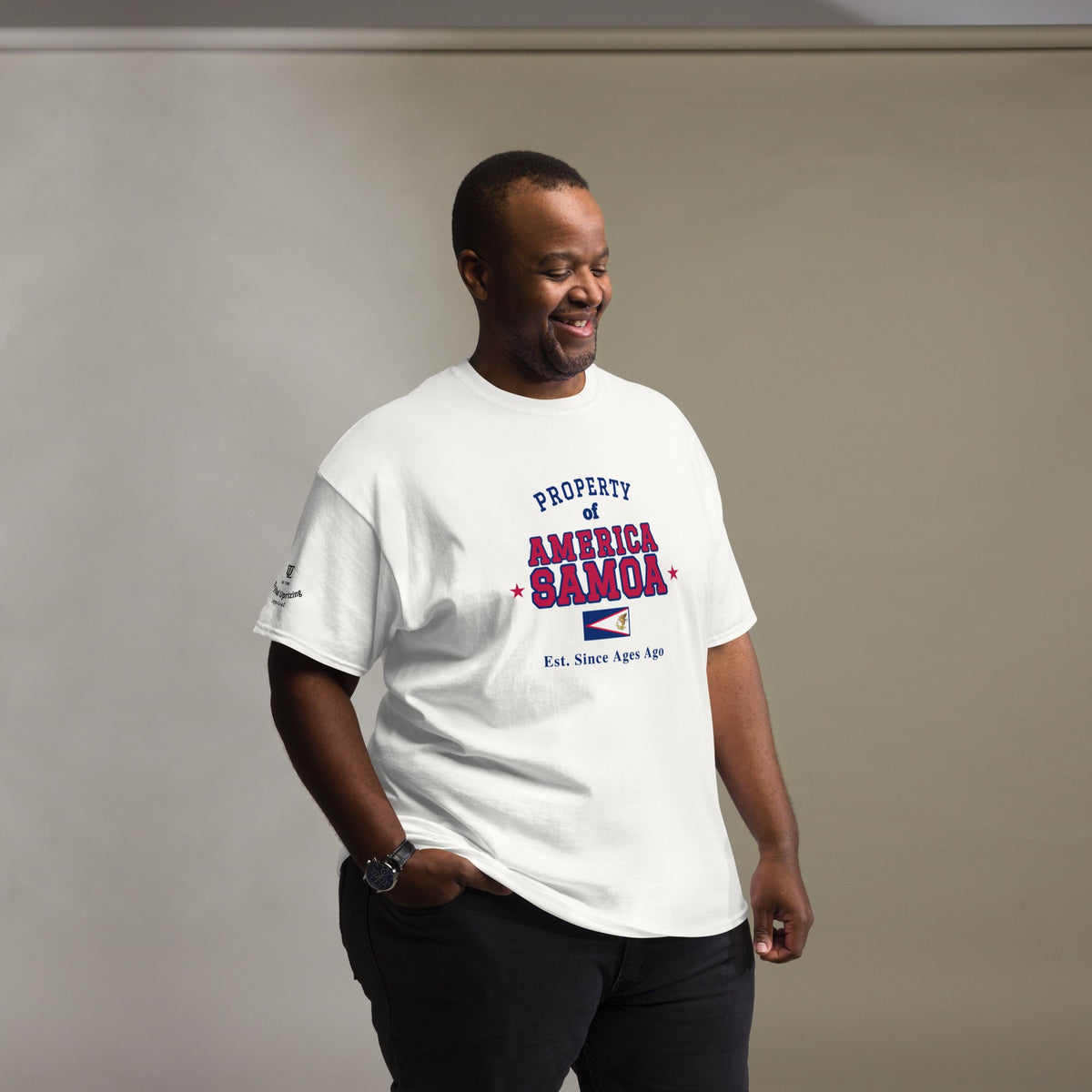 Man wearing the white Property of America Samoa T-Shirt