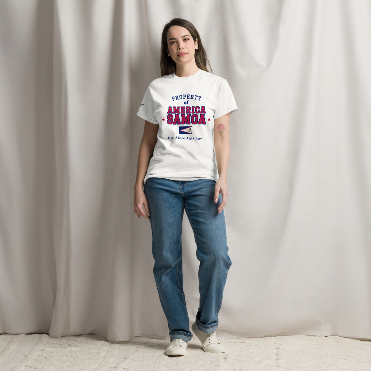 Woman wearing the white Property of America Samoa T-Shirt