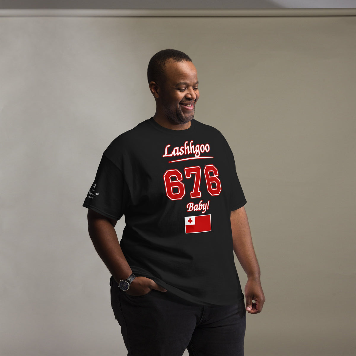 Man wearing the black Lashhgoo 676 Baby! T-Shirt