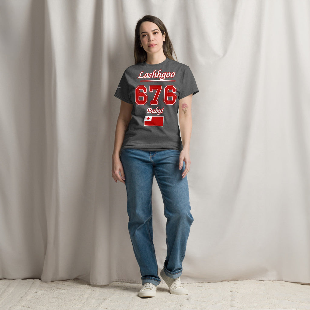 Woman wearing the dark heather Lashhgoo 676 Baby! T-Shirt