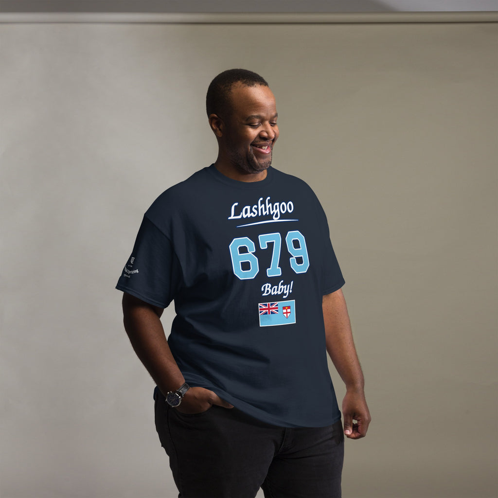 Man wearing the navy Lashhgoo 679 Baby! T-Shirt