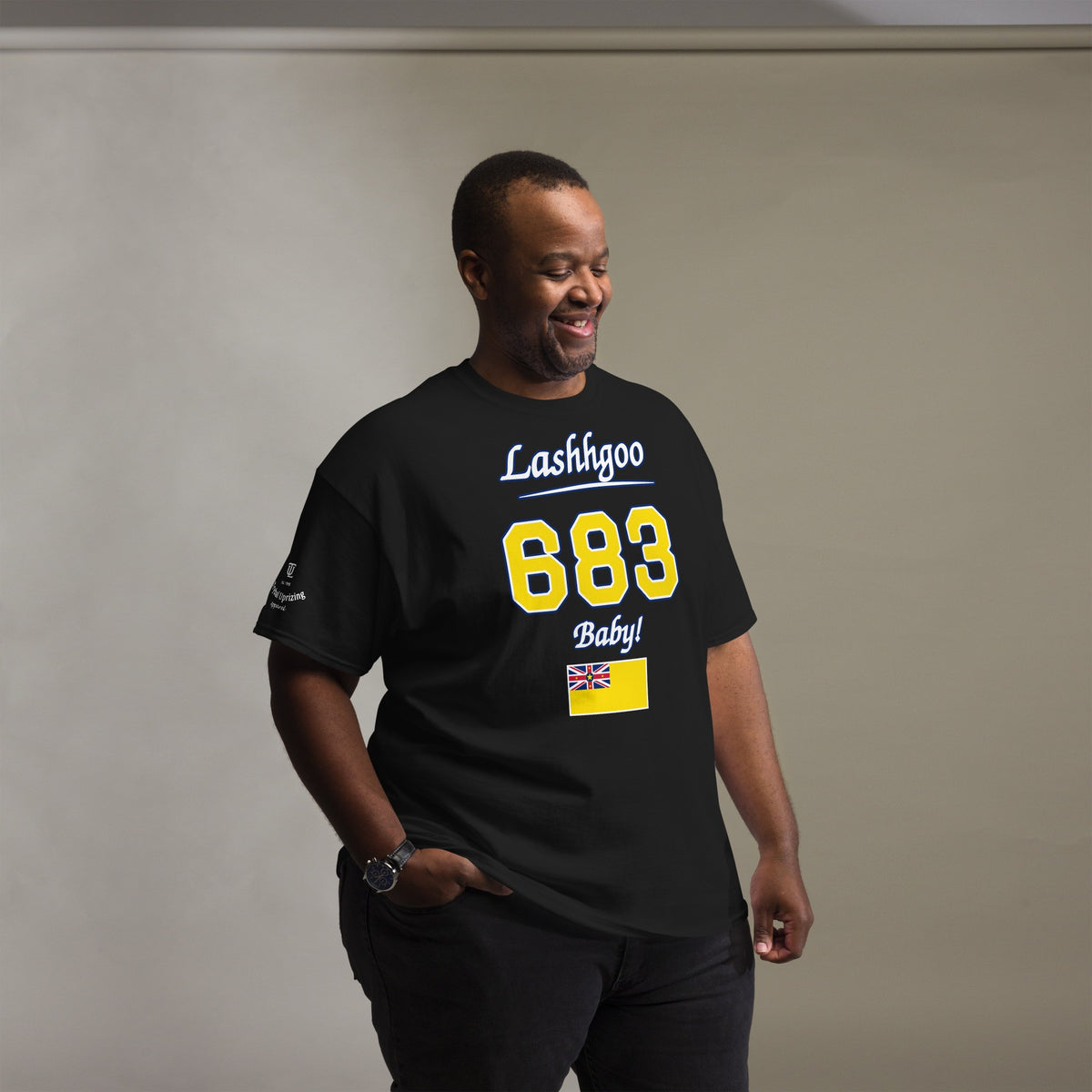 Man wearing the black Lashhgoo 683 Baby! T-Shirt