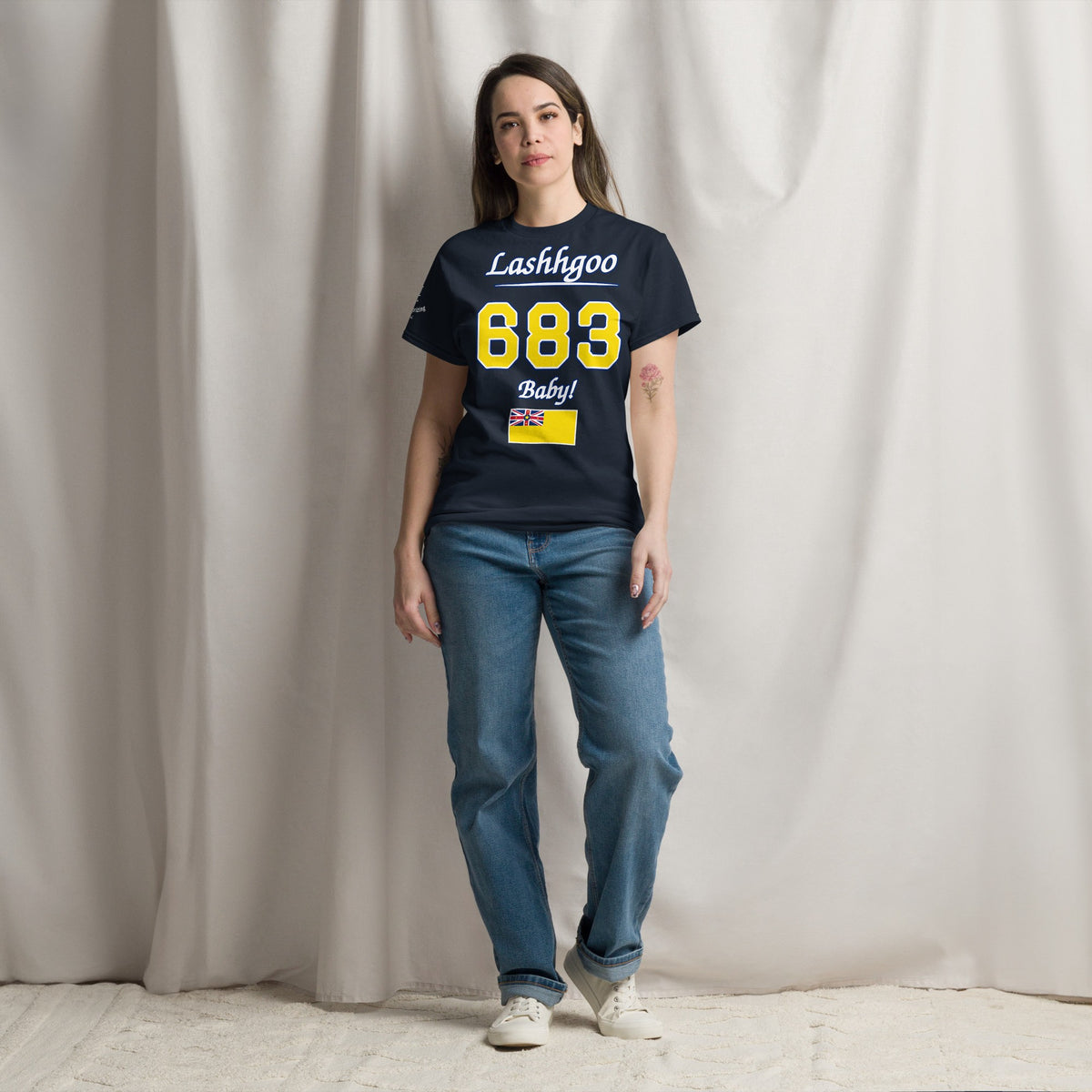 Woman wearing the navy Lashhgoo 683 Baby! T-Shirt