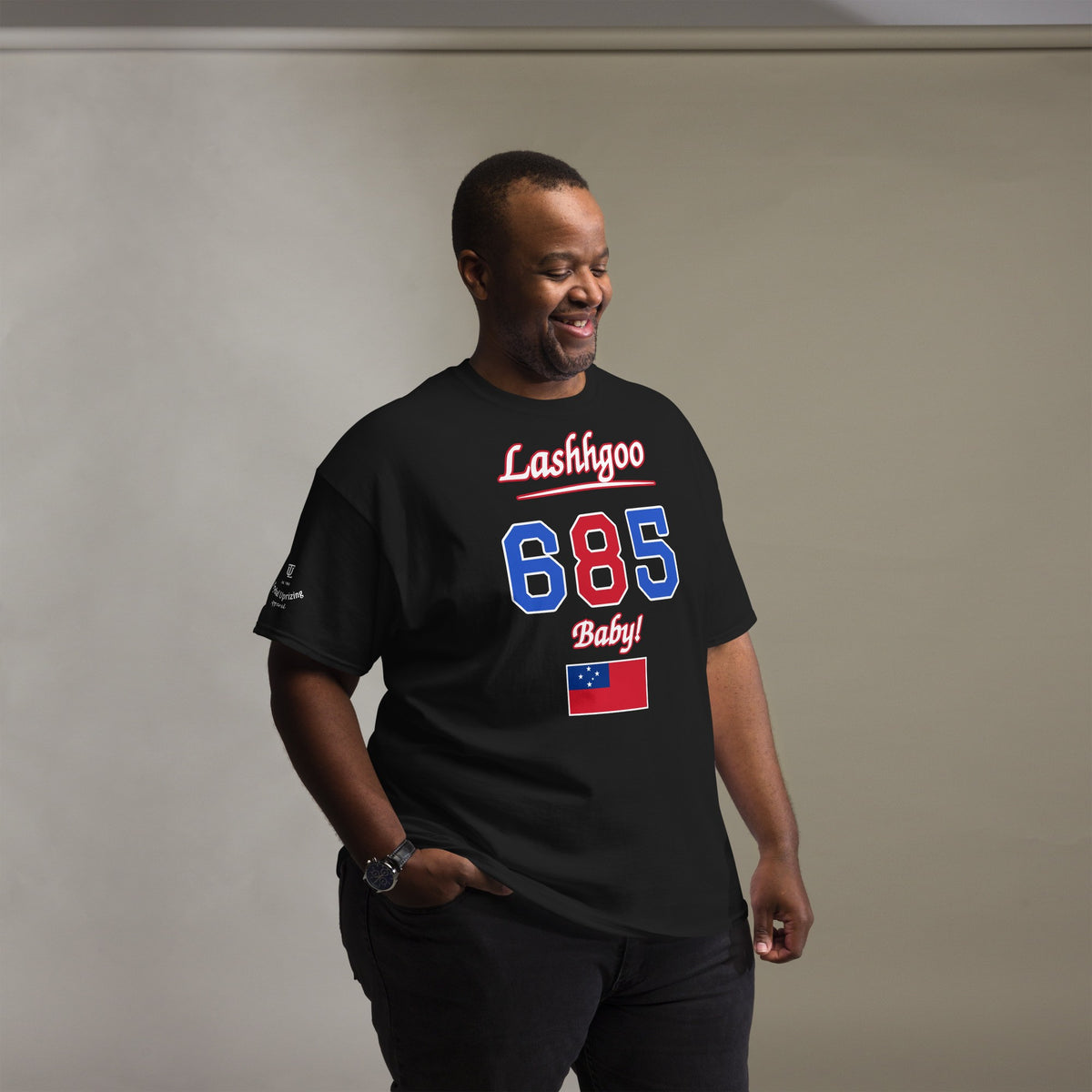 Man wearing the black Lashhgoo 685 Baby! T-Shirt