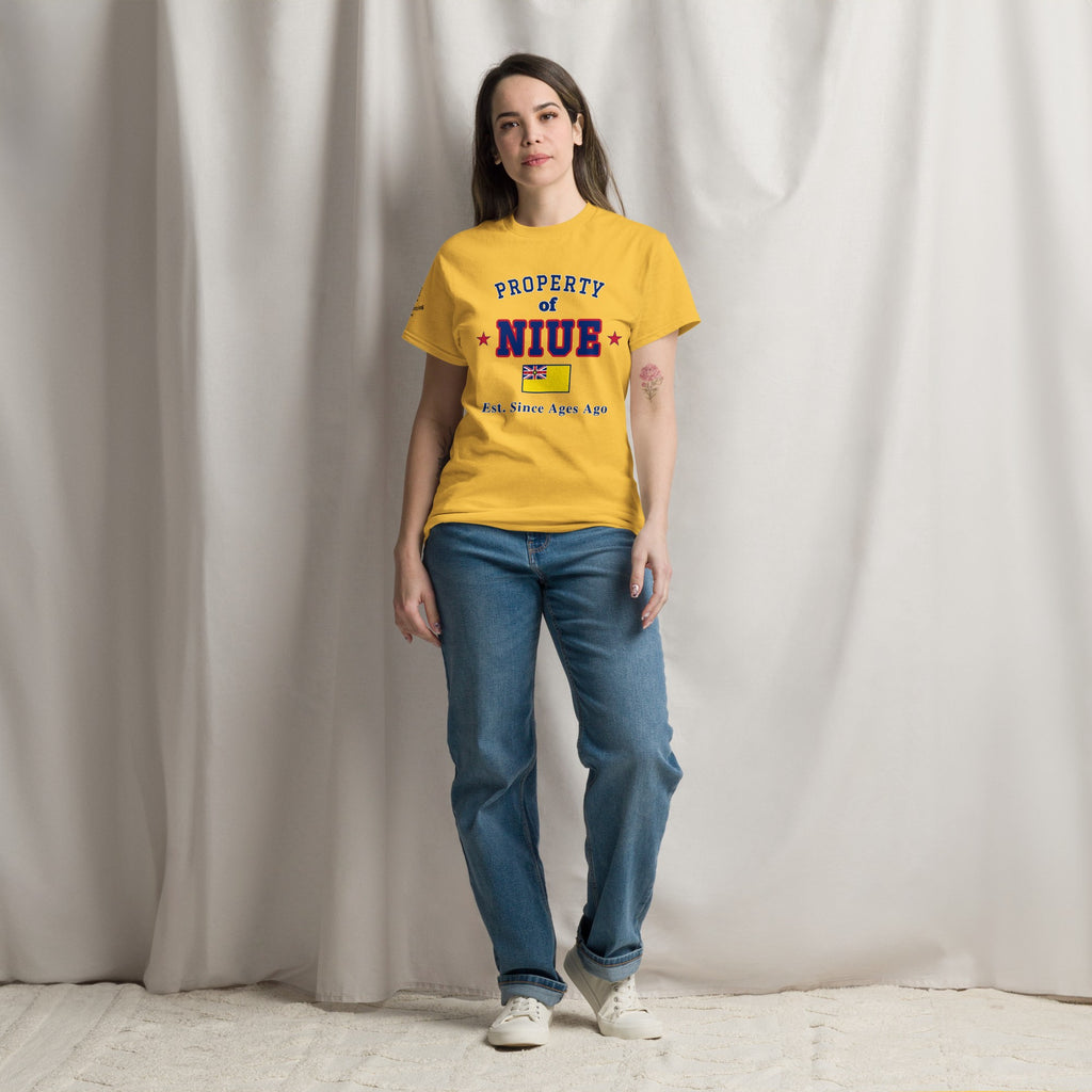 Woman wearing the yellow Property of Niue T-Shirt