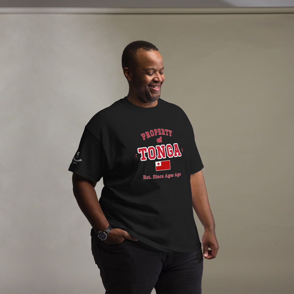 Man wearing the black Property of Tonga T-Shirt