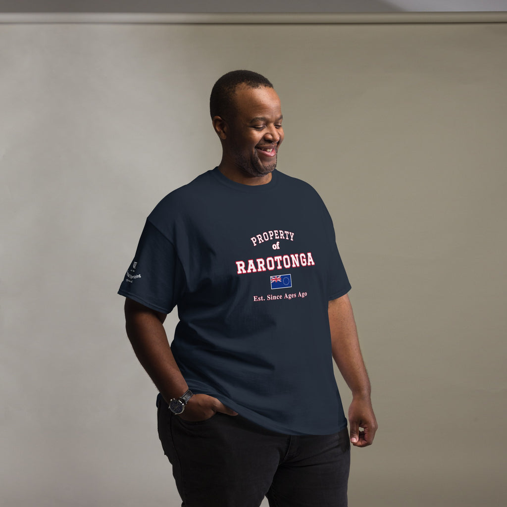 Man wearing the navy Property of Rarotonga T-Shirt