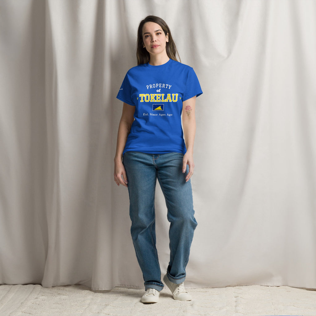Woman wearing the royal blue Property of Tokelau T-Shirt