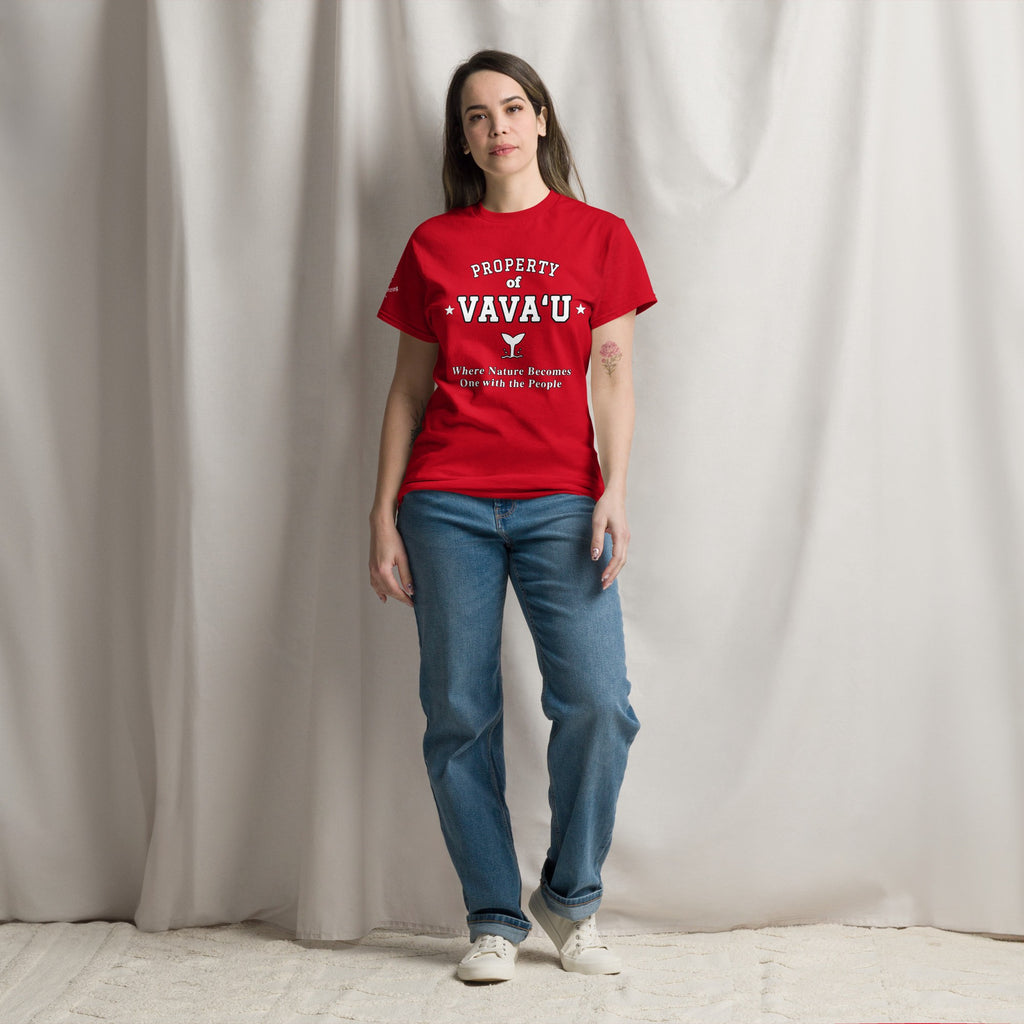 Woman wearing the red Property of Vava'u T-Shirt